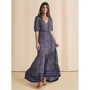 NWT Faherty‎ Orinda Maxi Dress Monserrat Border Blue Purple Floral Boho Medium